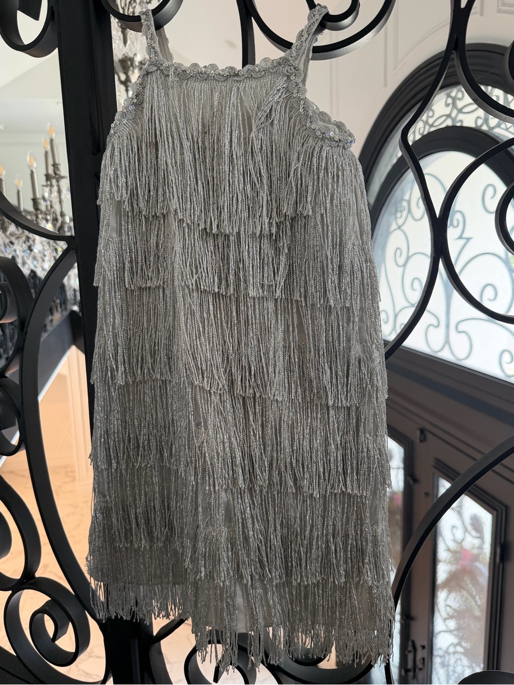 Trish Scully Silver Fringe Tiered Mini dress